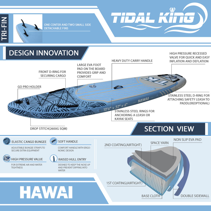 TIDAL KING 2023 HAWAI 10'6 x 32" x 6" ISUP STAND UP PADDLE BOARD & KAYAK