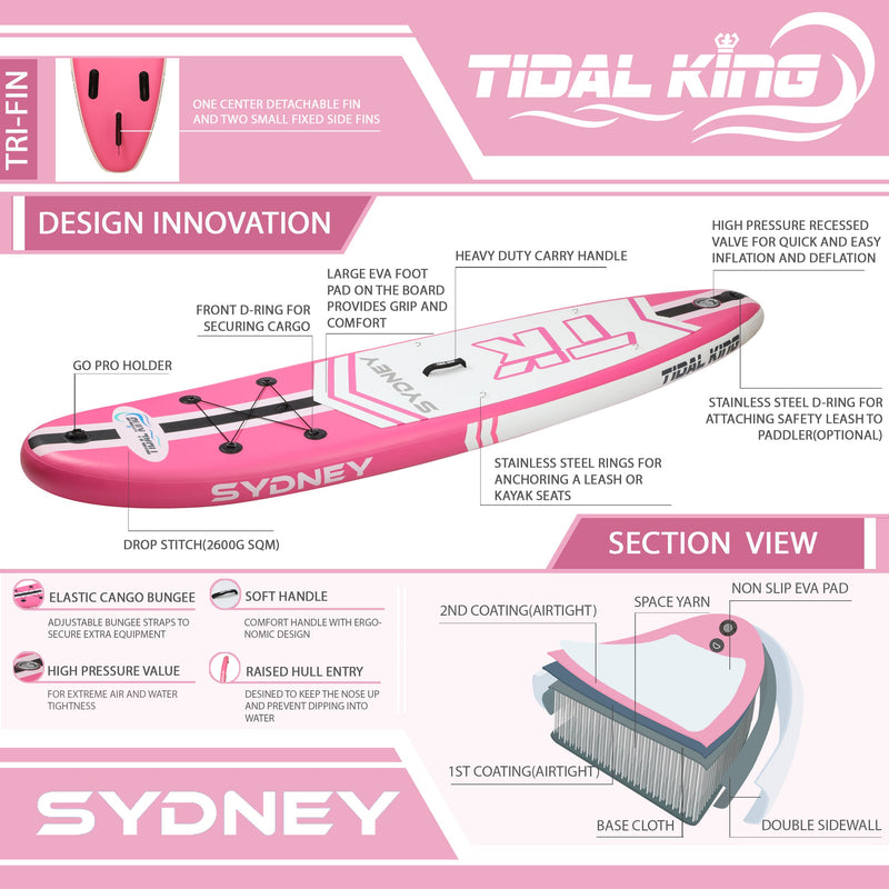 (GRADE A) TIDAL KING 2021 SYDNEY 10' PADDLE BOARD WITH KAYAK ACCESSORIES PINK