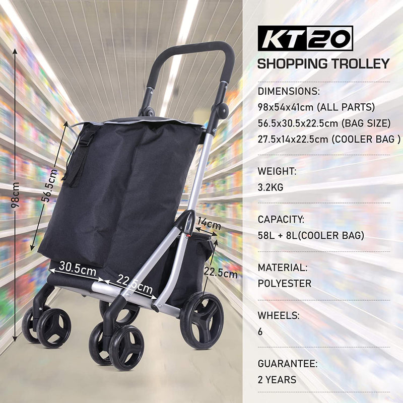 KT20 4/6 Wheel Shopping Trolley 50L Push Along Rolling Cart with Brakes & Cooler Pouch - 2 Year Warranty