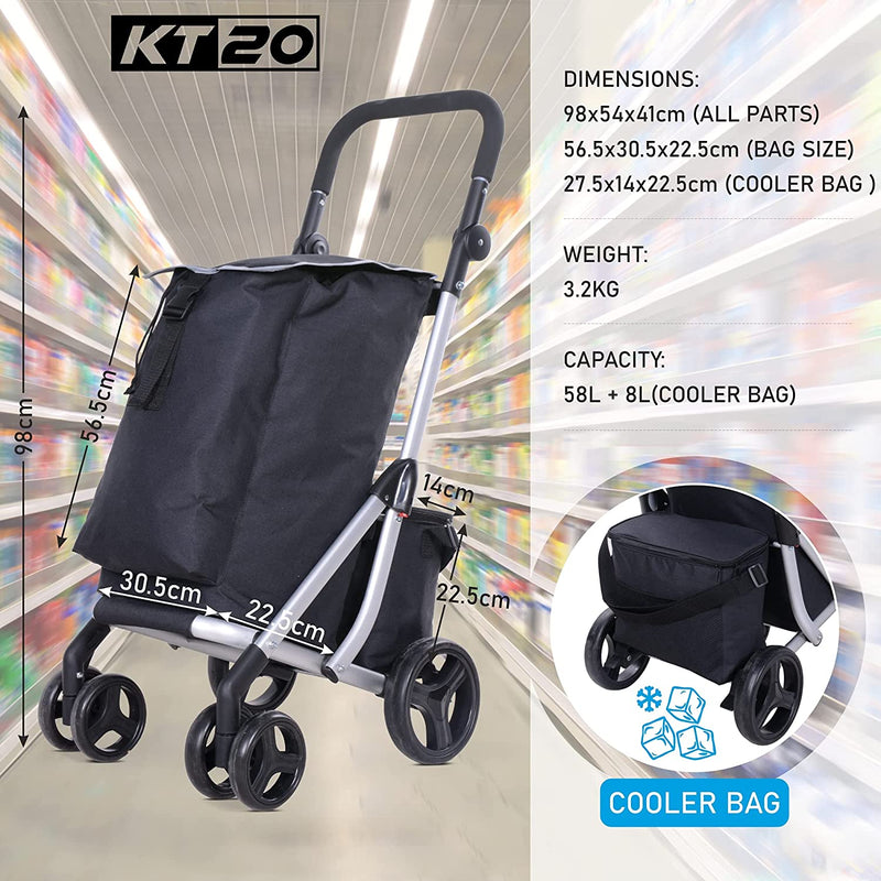 KT20 4/6 Wheel Shopping Trolley 50L Push Along Rolling Cart with Brakes & Cooler Pouch - 2 Year Warranty