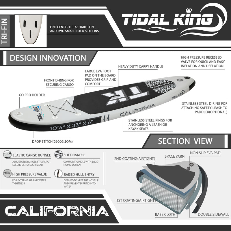TIDAL KING 2023 CALIFORNIA 10'6 x 33" x 6" ISUP STAND UP PADDLE BOARD & KAYAK GREY